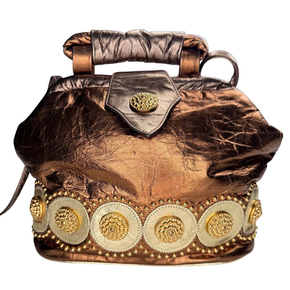 Vintage Metallic Bronze Leather Satchel Purse Gold Medallion Glam USA Mob Wife
